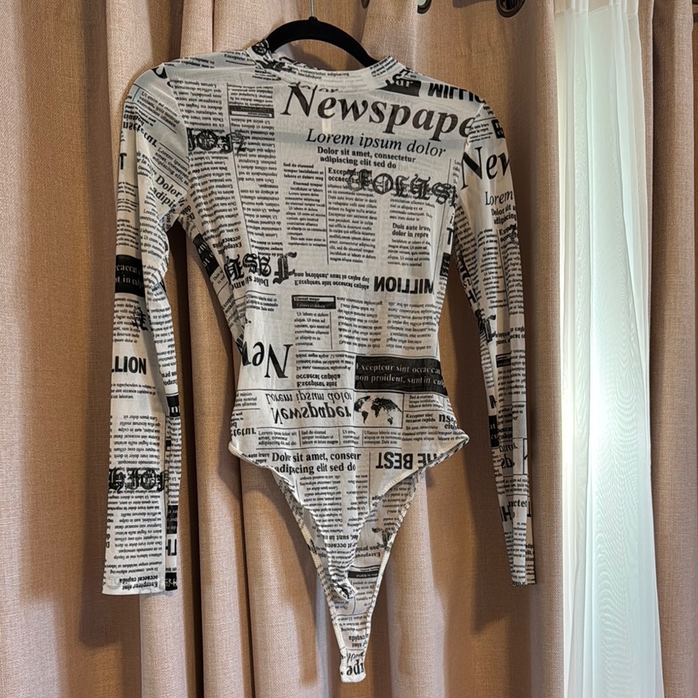 Newspaper print long sleeve mesh bodysuit